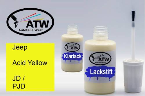 Jeep, Acid Yellow, JD / PJD: 20ml Lackstift + 20ml Klarlack - Set, von ATW Autoteile West.